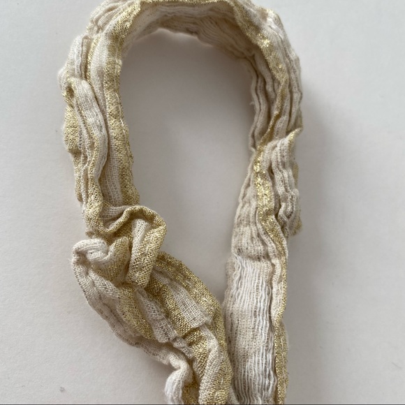 NWT Pearl & Caviar Crop Ruffle Top Woven Cotton Oatmeal Gold Metallic Striped S - Picture 5 of 16